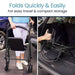 Foldable walker being used and folded for travel and storage.
