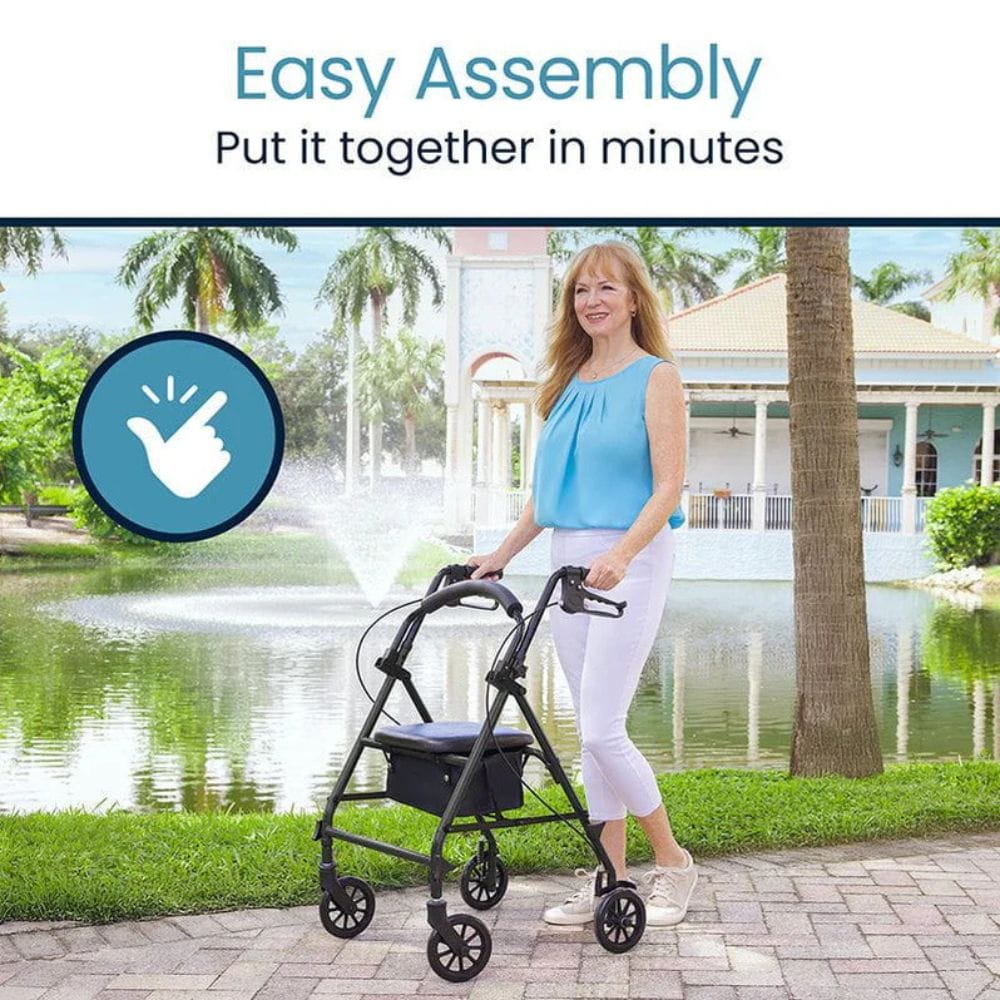 Woman with a purple walker in a park setting with text about easy assembly.