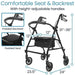 Black walker with height-adjustable handles, padded seat, and backrest on a white background.