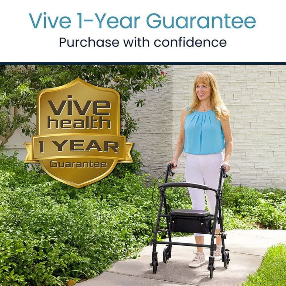 Woman using a walker with Vive Health 1-Year Guarantee badge in the foreground