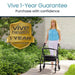 Woman using a walker with Vive Health 1-Year Guarantee badge in the foreground