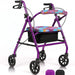 Purple walker with colorful seat and wheels on a white background