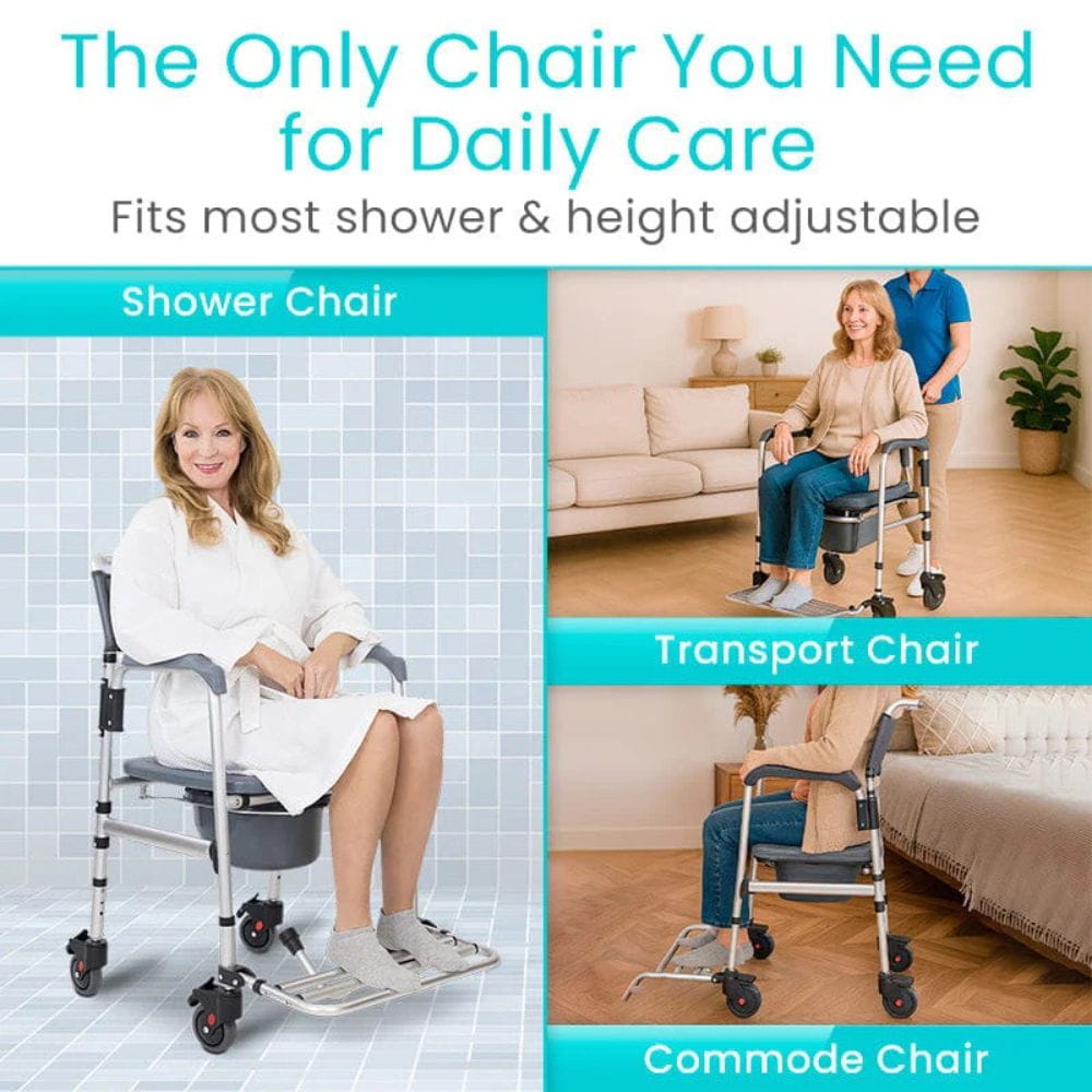 Multifunctional chair for daily care with images of a woman using it in various settings.
