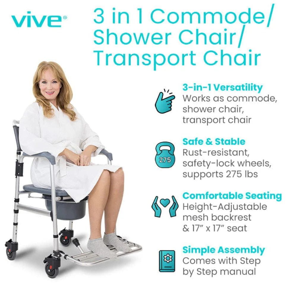 3-in-1 commode/shower chair/transport chair with a woman sitting on it, featuring Vive branding.