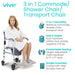 3-in-1 commode/shower chair/transport chair with a woman sitting on it, featuring Vive branding.