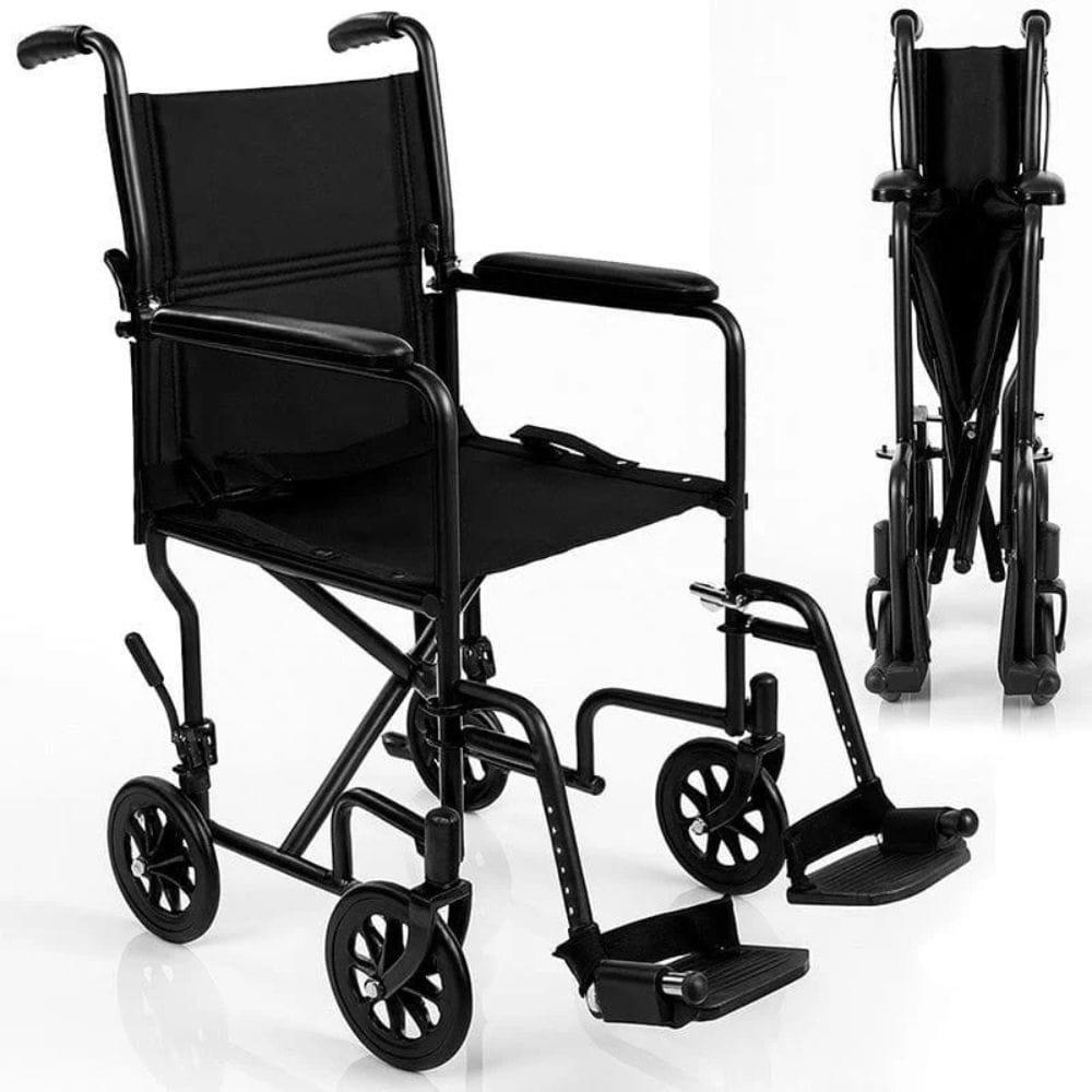 Black wheelchair shown from multiple angles on a white background