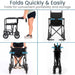 Collapsible wheelchair being folded and unfolded with text indicating convenience for portability and storage.