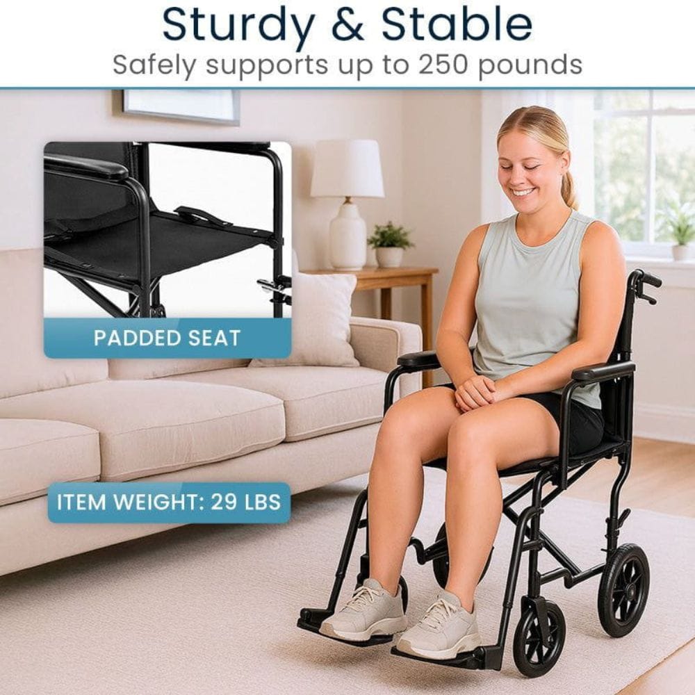 Woman using a black wheelchair in a living room setting with text highlighting features like 'Sturdy & Stable' and 'Padded Seat'.