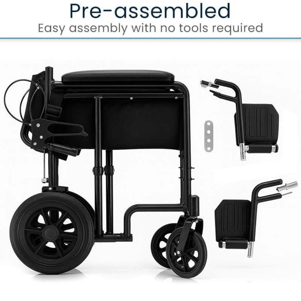 Black pre-assembled wheelchair with attached armrests on a white background