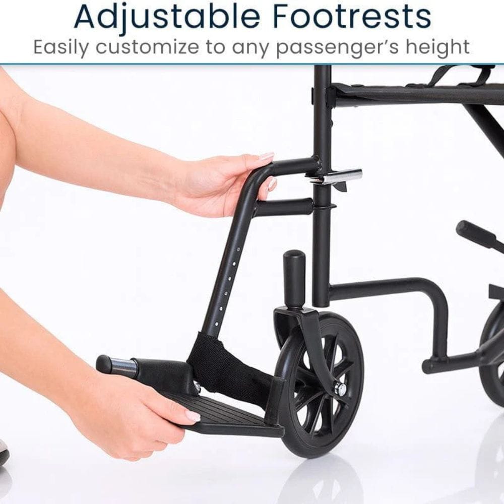 Wheelchair with adjustable footrests being adjusted by a person's hands on a white background.