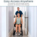 Woman using a wheelchair with a man assisting her in a home setting, with text about easy access anywhere.