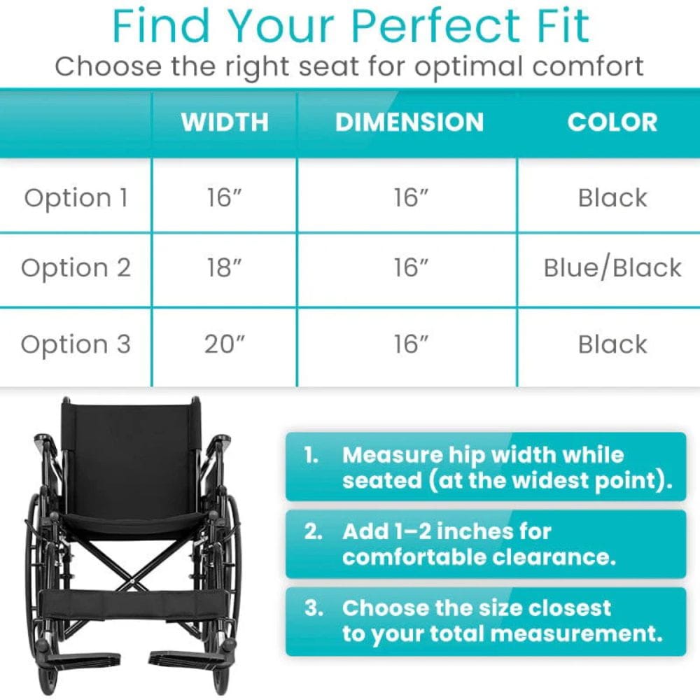 Wheelchair seat size chart with width, dimension, and color options.