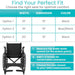 Wheelchair seat size chart with width, dimension, and color options.