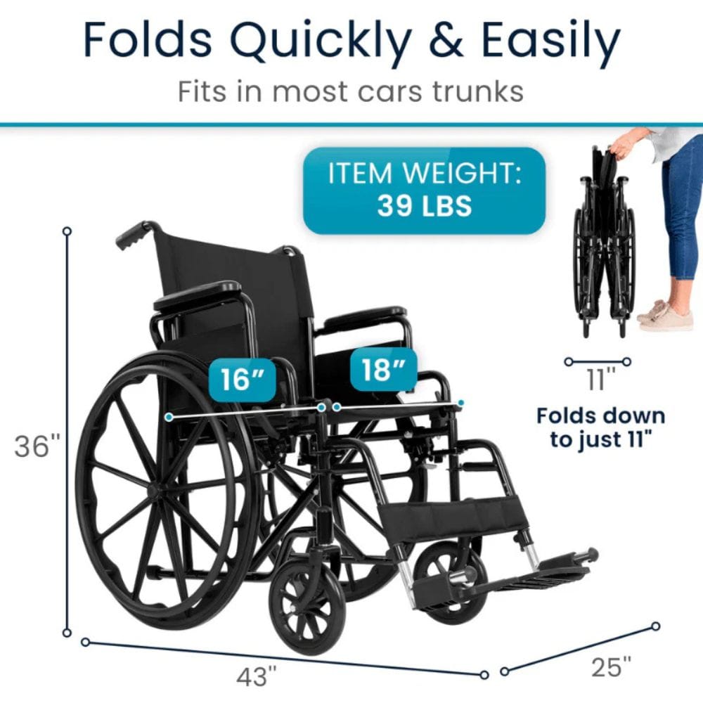 Wheelchair with folding features and weight information on a white background