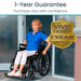 Woman in a wheelchair sitting outside with a Vive Health 1-Year Guarantee badge.
