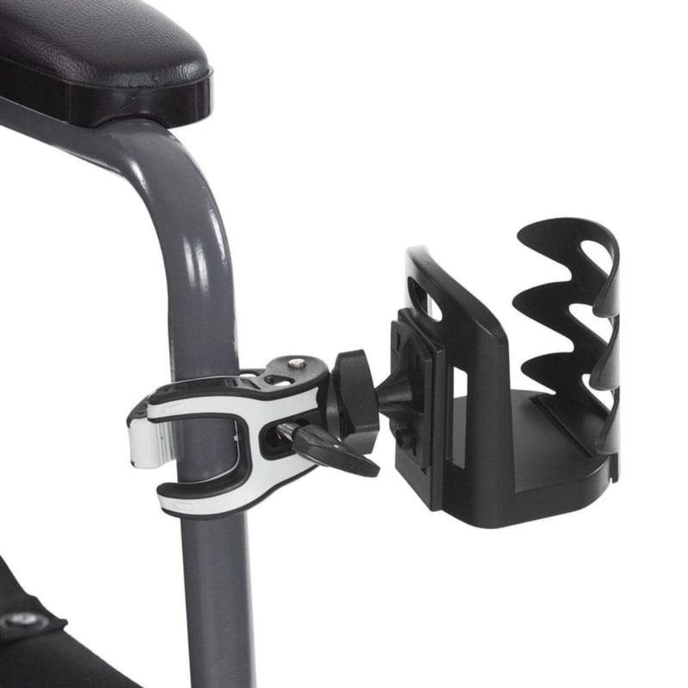 Black and silver cup holder attached to a chair armrest on a white background