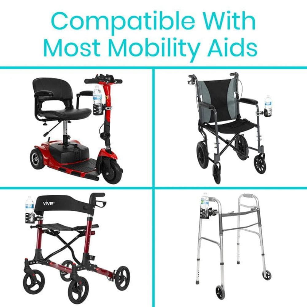 Four images of mobility aids including a scooter, wheelchair, walker, and chair with text 'Compatible With Most Mobility Aids'.
