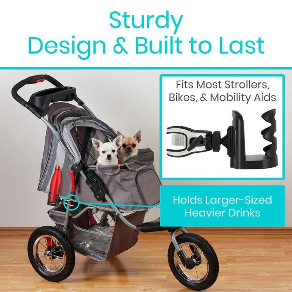 Pet stroller with two small dogs inside, featuring text about its durability and features.