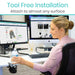 Woman at a desk with computer monitors, holding a water bottle, and text about tool-free installation.