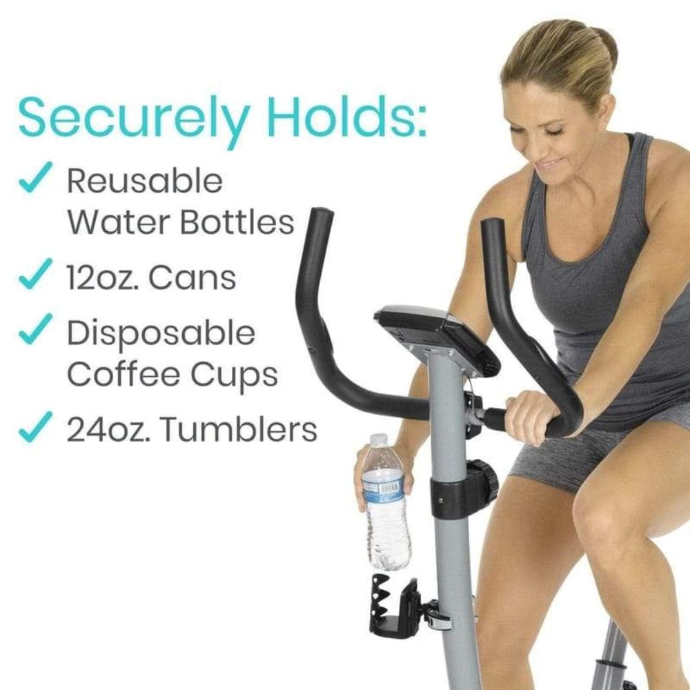 Woman exercising on a bike with a water bottle holder attached, featuring text about product capacity.