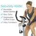 Woman exercising on a bike with a water bottle holder attached, featuring text about product capacity.