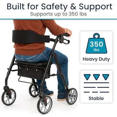 Person using a walker with safety belt, highlighting weight capacity and stability features.