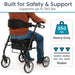Person using a walker with safety belt, highlighting weight capacity and stability features.