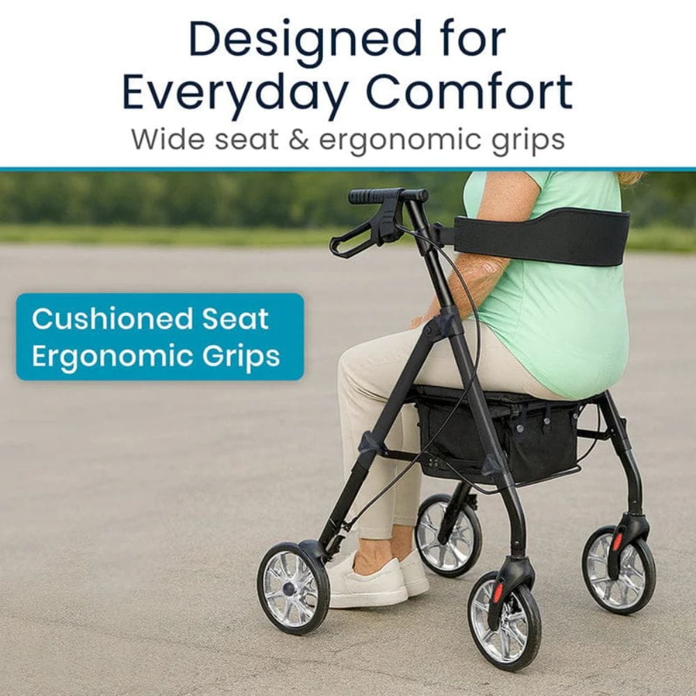 Person using a rollator with text highlighting comfort features on a blurred outdoor background