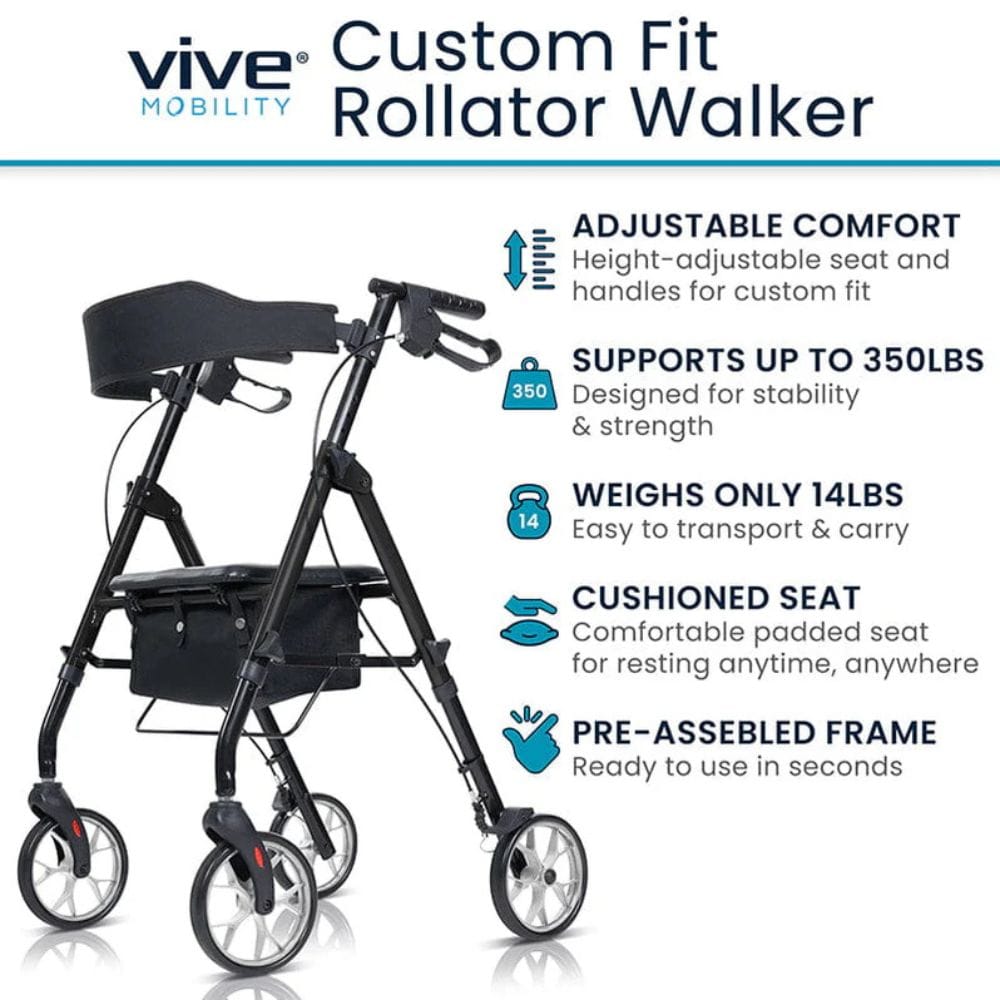 Vive Mobility Custom Fit Rollator Walker with features listed on a white background