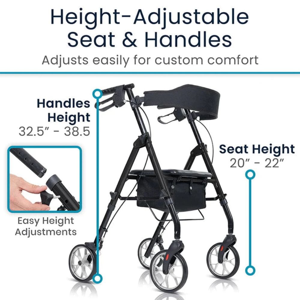 Height-adjustable walker with customizable comfort features on a white background