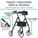 Height-adjustable walker with customizable comfort features on a white background