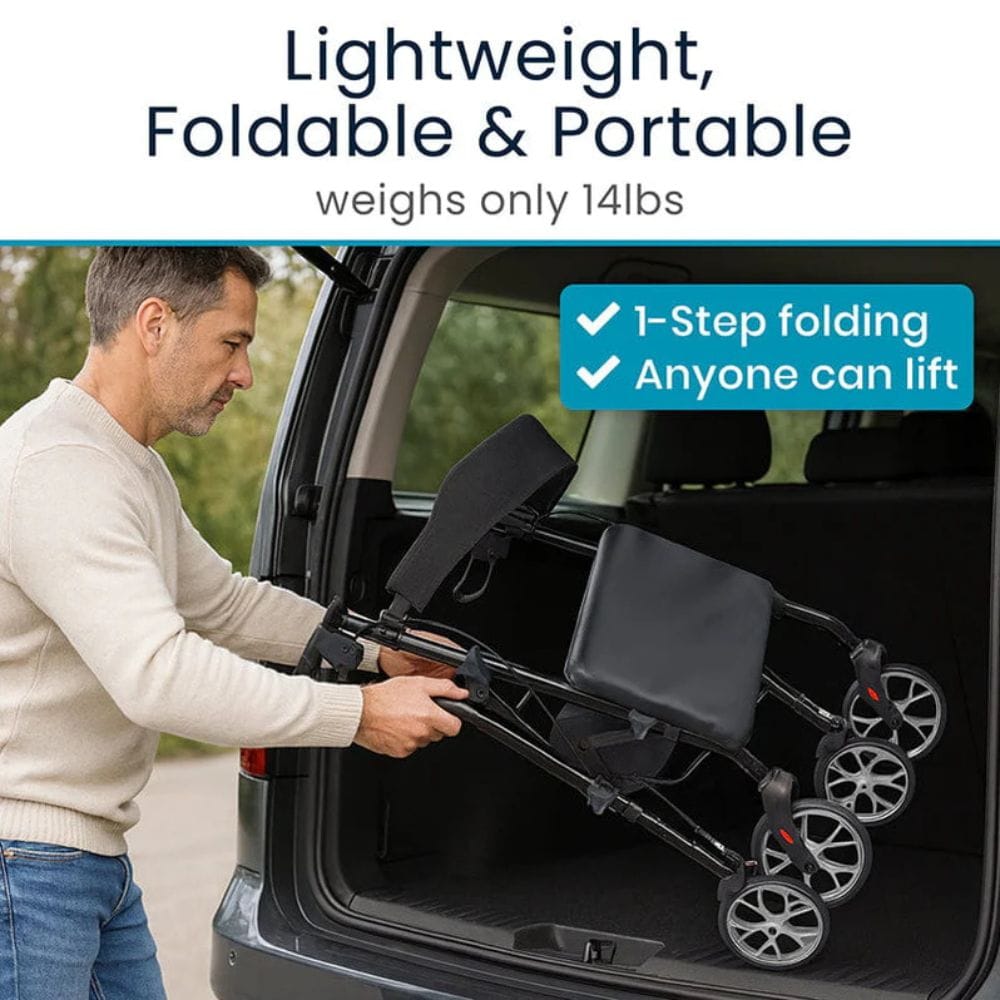 Man lifting a lightweight, foldable stroller out of a car trunk with text highlighting its features.