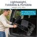 Man lifting a lightweight, foldable stroller out of a car trunk with text highlighting its features.