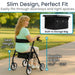 Woman using a walker with measurements and features highlighted, including a built-in storage bag.
