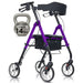 Purple walker with a black seat and handlebar, accompanied by a silver kettlebell labeled '14 lbs'.