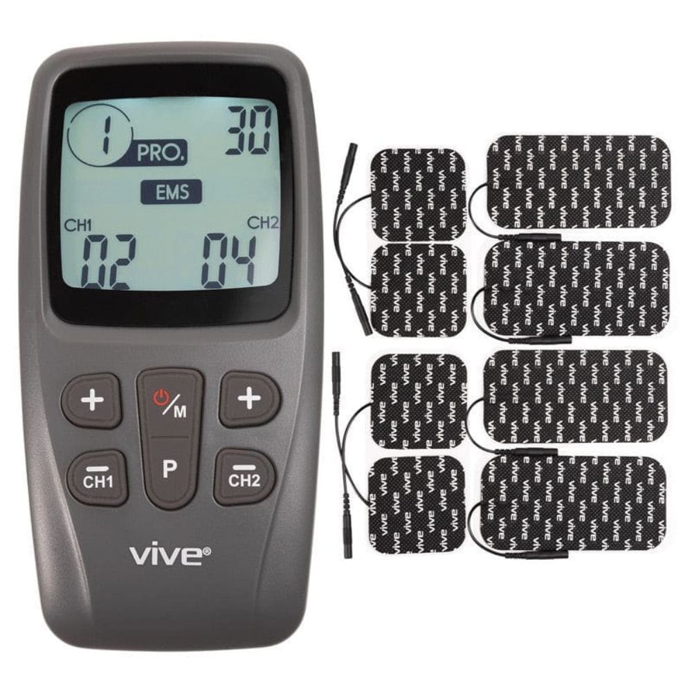 Vive electronic device with digital display and electrode pads on a white background