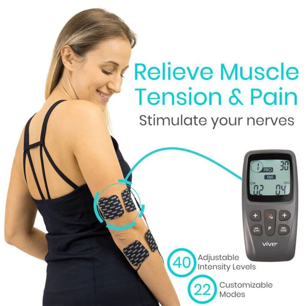 Woman using a TENS unit on her arm with text 'Relieve Muscle Tension & Pain' and product details.