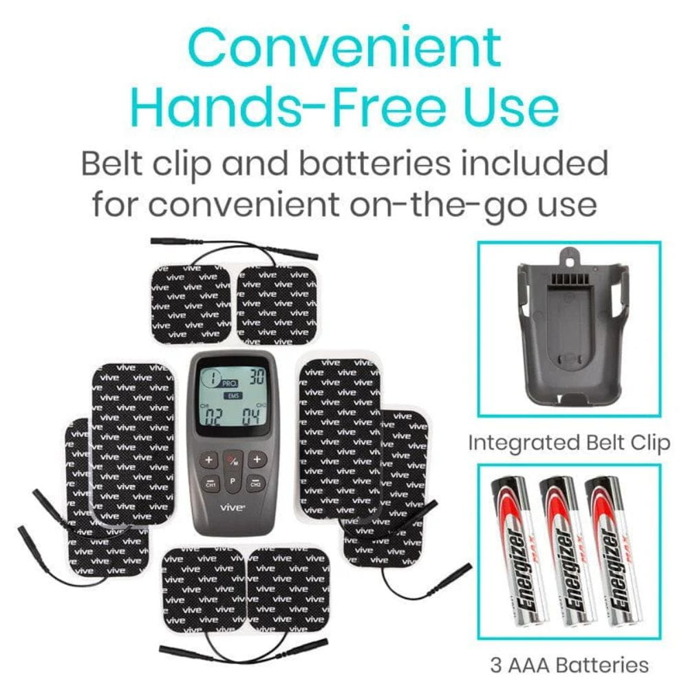 Electrode pad system with belt clip and batteries on a white background