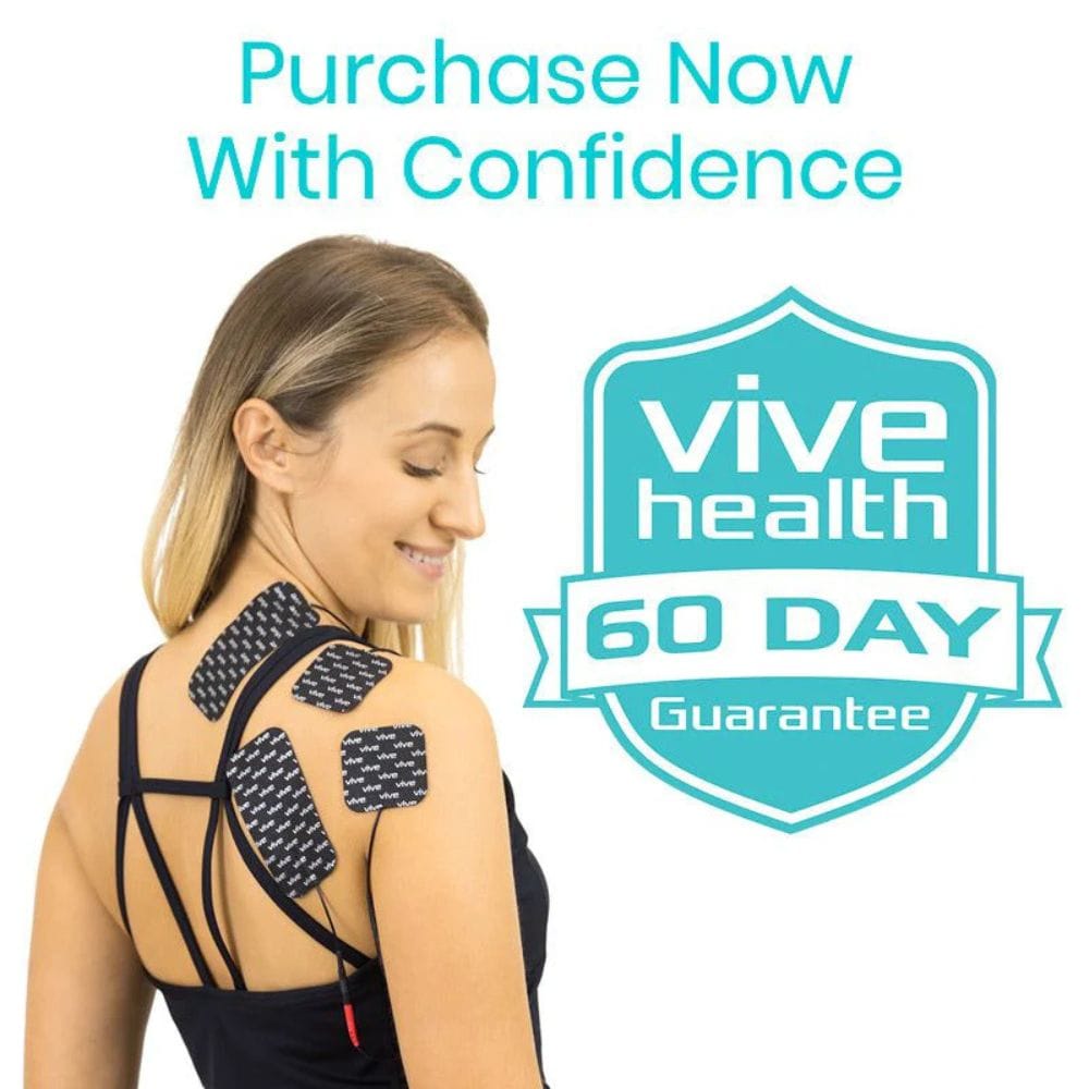 Woman wearing electronic health devices with Vive Health branding and 60-day guarantee offer on a white background.