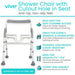 Shower chair with cutout hole in seat, featuring Vive branding and product details.