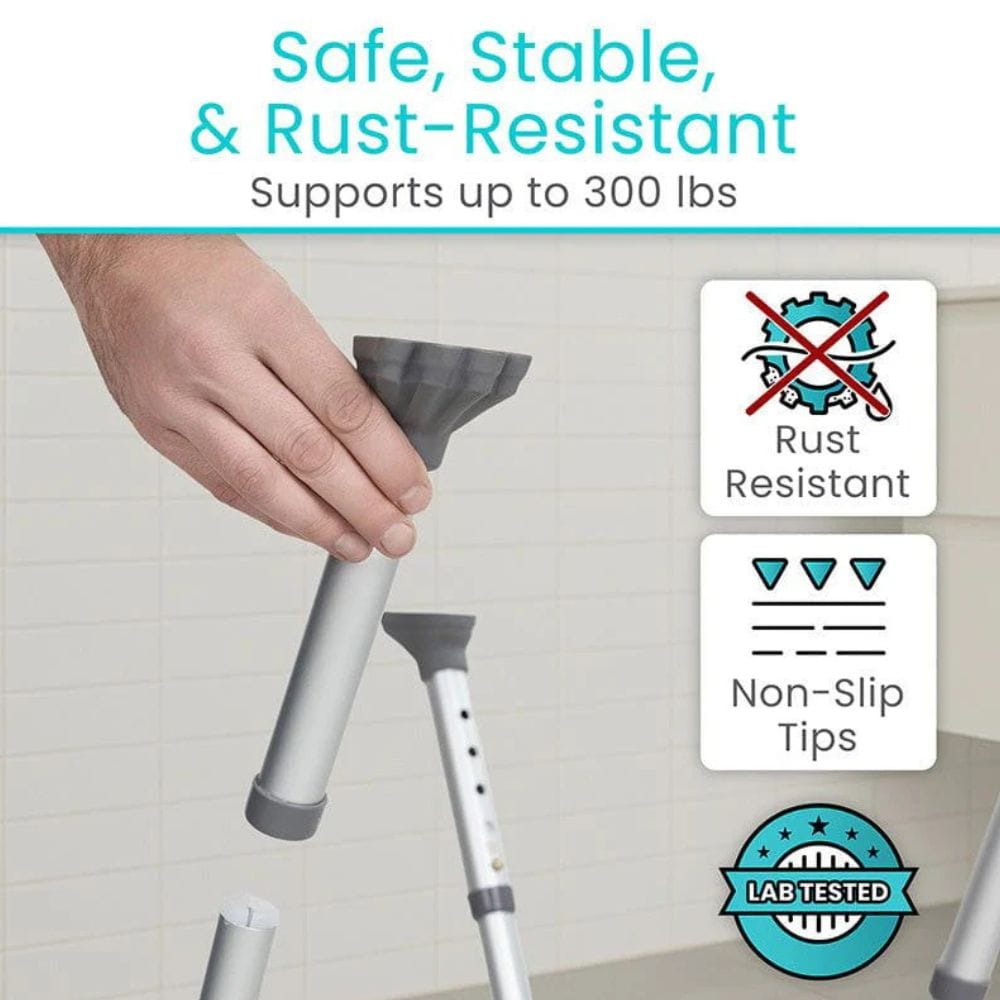 Hand holding a cleaning tool with text about safety, stability, rust resistance, and weight capacity.