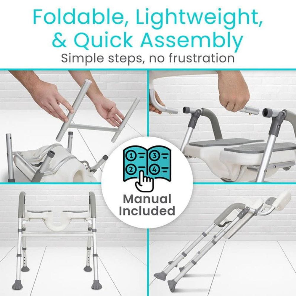 Foldable, lightweight, and quick assembly product with manual included on a white background