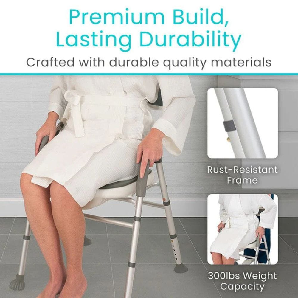 Person sitting on a height-adjustable chair with text highlighting durability and features.
