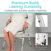 Person sitting on a height-adjustable chair with text highlighting durability and features.