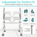 Adjustable height commode chair with customizable features for various users on a white background