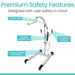 Medical lift with labeled safety features on a white background