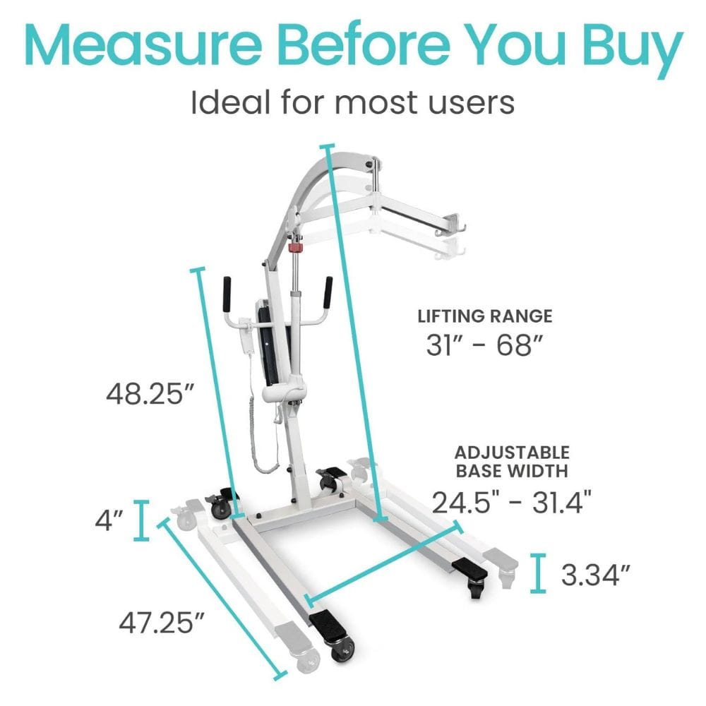 Measurement chart for a medical lift with dimensions labeled on a white background.