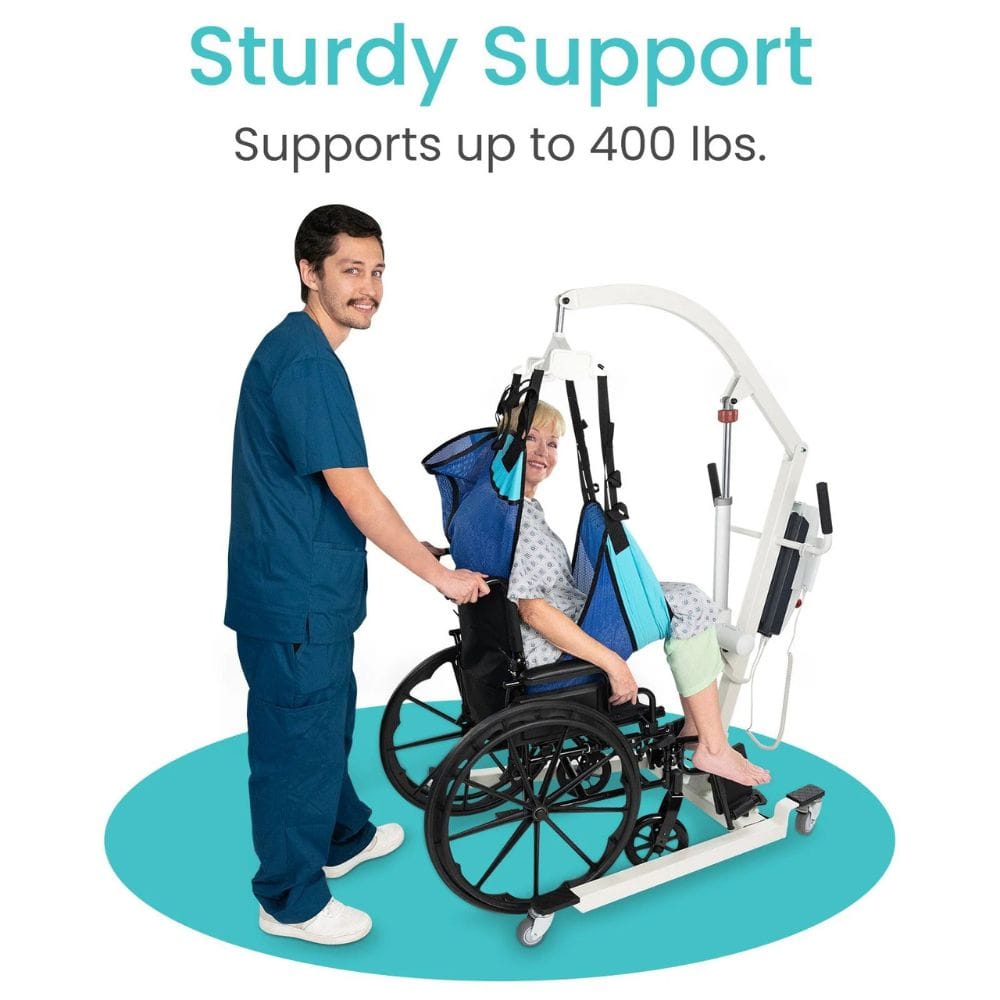 Person using a medical device to lift a person in a wheelchair, with text indicating support capacity.