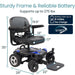 Electric wheelchair with measurements and battery life specifications on a white background