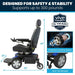 Power wheelchair with Vive Health guarantee badge and motor illustration on a white background
